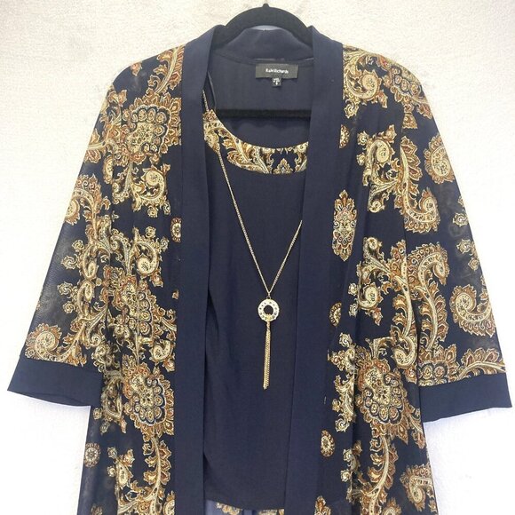 R&M‎ Richards Sheer Jacket Tank 2 Piece Set Womens 8 Blue Gold Paisley Elegant - Picture 4 of 16